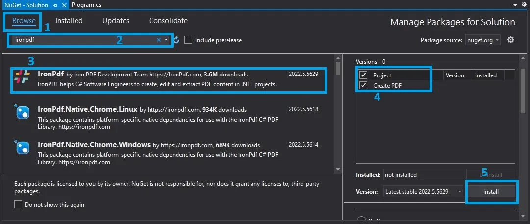 C# Créer un PDF (Exemple de code tutoriel), Figure 05 : Installer le package IronPdf depuis le gestionnaire de packages NuGet